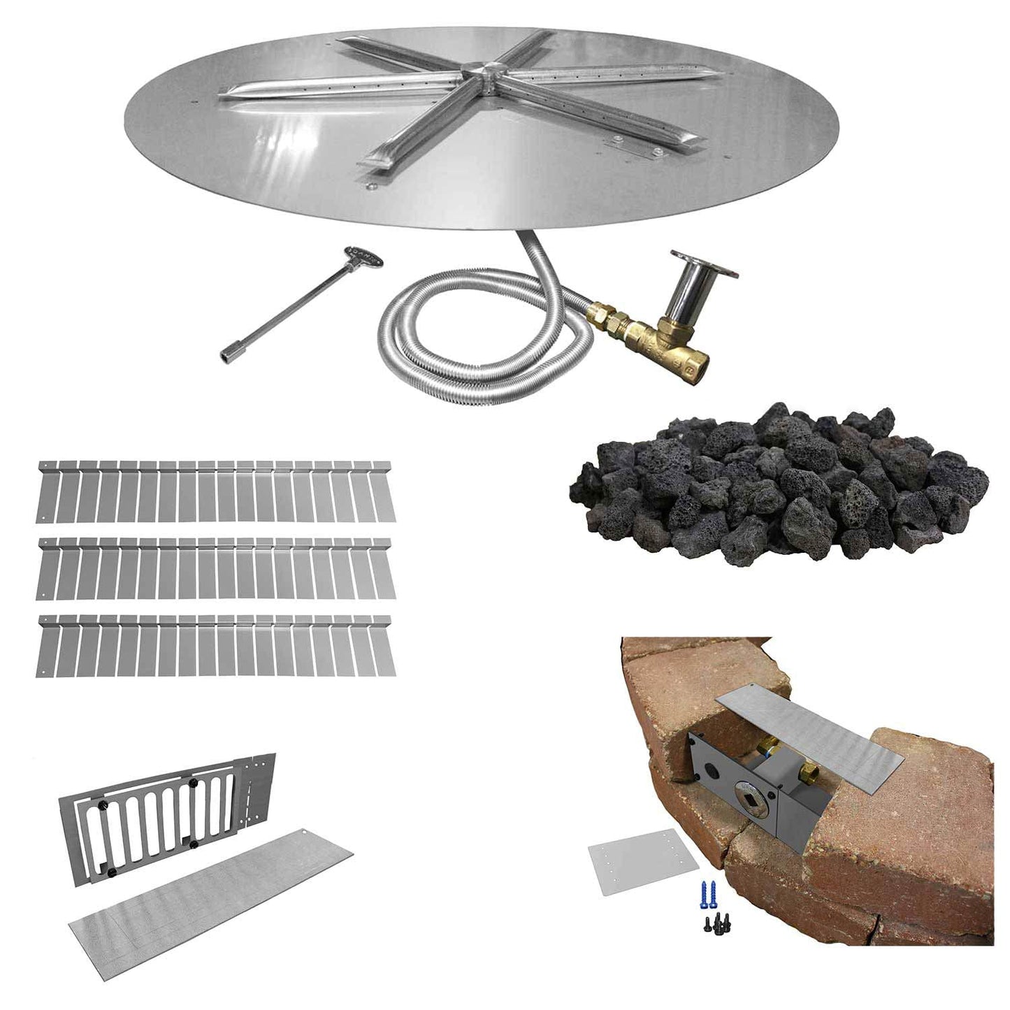 Firegear Round Stainless Steel Gas Fire Pit Burner Kit for Paver Blocks with Match Light Ignition, 34-Inch Pan, 31-Inch Burning Spur, Natural Gas (FPB-34D31MTN-PK)