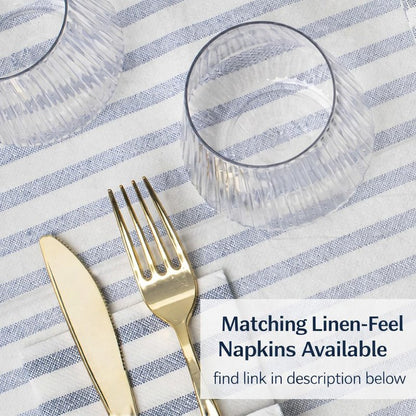 Lillian Made in Italy Airlaid Disposable Tablecloth, 12 Pack, 54" x 102", White with Blue Stripes, Premium Cloth-Like Linen-Feel Rectangular Table Cover for Weddings, Parties & Elegant Events