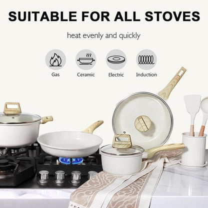 GiPP Pots and Pans Set Non Stick - 10 Pcs White Granite Kitchen Cookware Sets Nonstick Induction Cookware Non-toxic Cooking Pan Set with Lids, PFOS and PFOA Free