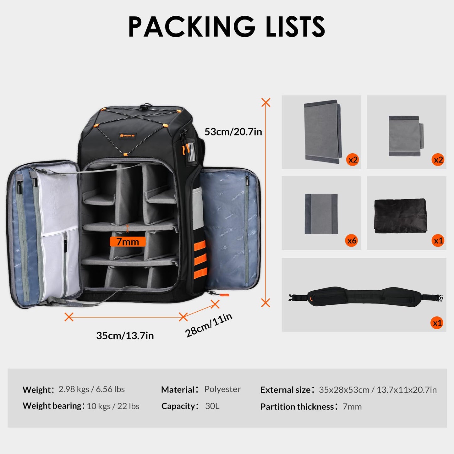 TARION FPV Drone Backpack 30L - Extra Large Camera Bag with 17in Laptop Compartment Waterproof Rain Cover - External Mounts for 7 Drones - FlightPro