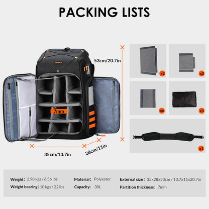 TARION FPV Drone Backpack 30L - Extra Large Camera Bag with 17in Laptop Compartment Waterproof Rain Cover - External Mounts for 7 Drones - FlightPro