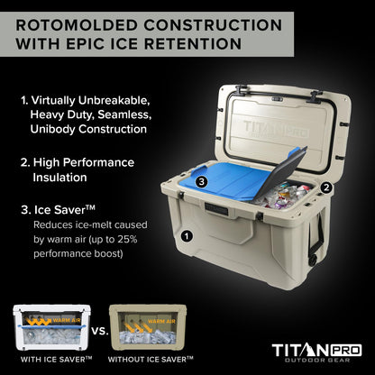 Titan PRO High Performance Ice Chest - 55 Quart Capacity - Hard Cooler with Interior LED Light, Dry Bin, Ice Saver Performance Booster and Microban Protection - Driftwood Tan