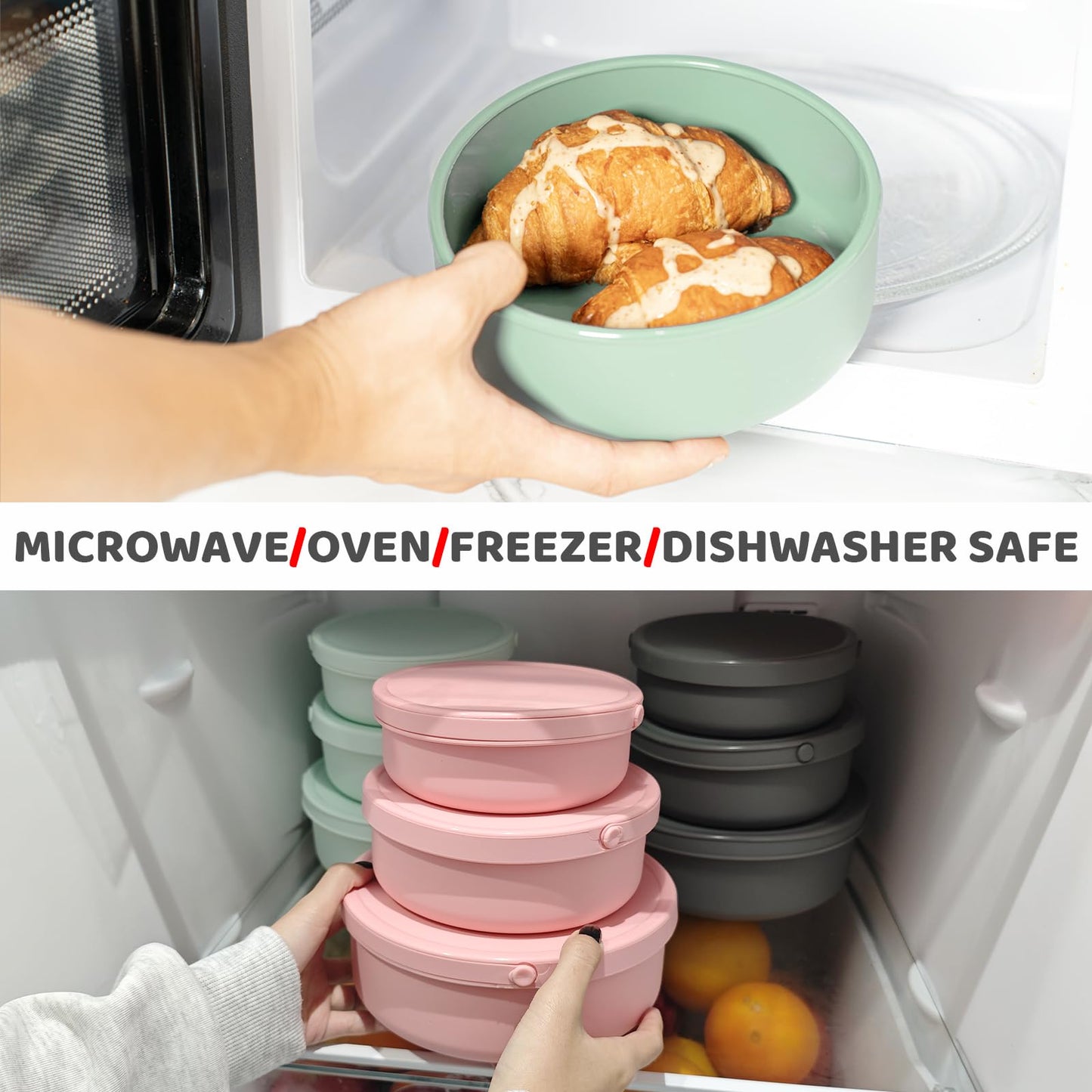 DGitaor Silicone Food Storage Containers Bowl, Set of 3 Reusable Silicone Bento Lunch Box Containers with Lids (17oz, 25oz, 42oz) Dishwasher, Microwave and Freezer Safe Mint Green