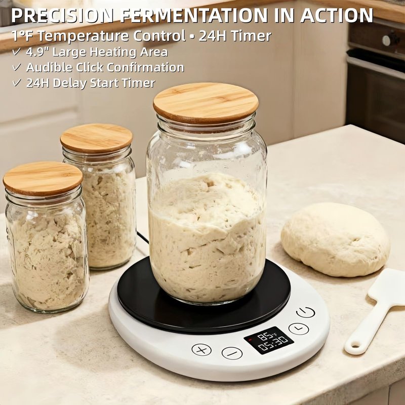 amhshkou Sourdough Starter Warmer - Professional 1°F Precision, 24H Auto Shutdown Timer, Delayed Start, 4.9" Surface for Perfect Fermentation (White)