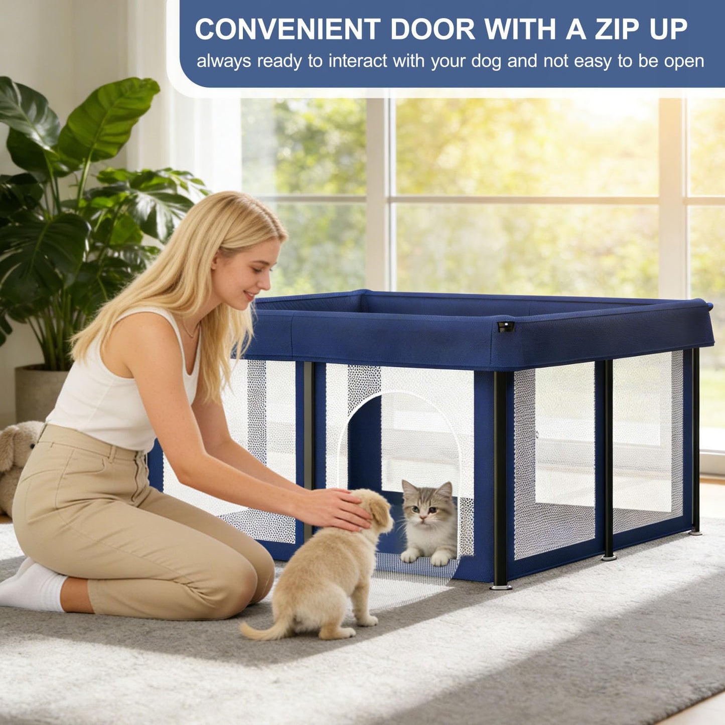 50x50x25.6 Inches Puppy Playpen with Gate, Foldable Dog Playpen for Puppies or Small Dogs, Pet Fence with Thickened Fabric, for Indoor Outdoor (Blue)