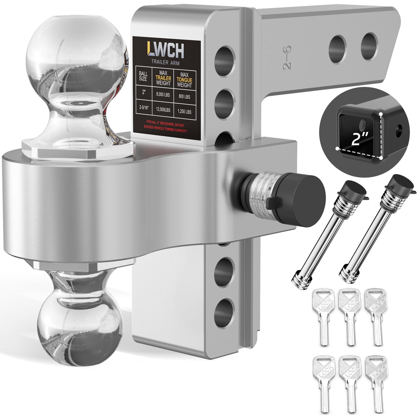 LWCH Adjustable Trailer Hitch, Fit 2 Inch Receiver, 12,500 LBS GTW, Heavy Duty Aluminium Drop Hitch with 2" & 2-5/16" Chrome Plated Steel Ball Mounts for Trucks, 6 Inch Drop/Rise, 2 Anti-Theft Pins