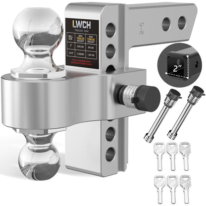 LWCH Adjustable Trailer Hitch, Fit 2 Inch Receiver, 12,500 LBS GTW, Heavy Duty Aluminium Drop Hitch with 2" & 2-5/16" Chrome Plated Steel Ball Mounts for Trucks, 6 Inch Drop/Rise, 2 Anti-Theft Pins