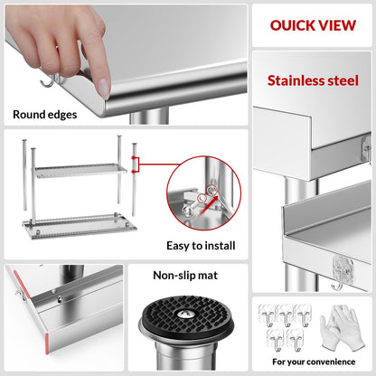 Atelicf All-Stainless Steel Prep Table, 24 X 48 Inch, with Rounded-Corner Backsplash and Adjustable Undershelf, Heavy-Duty for Outdoor Use,Restaurants,Hotels,Workshops,Kitchens,Gardens, and Garages