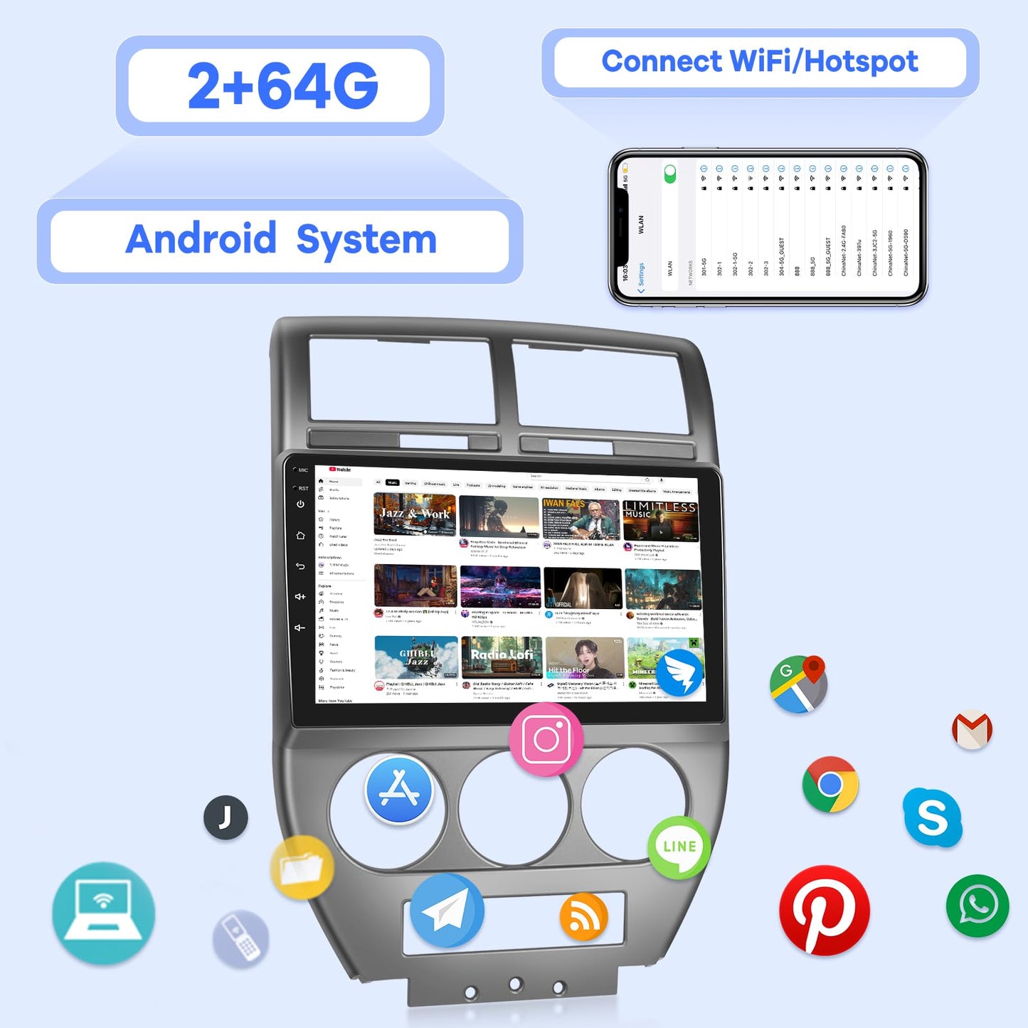 [2G+64G] Car Radio for Jeep Compass Patriot 2007 2008 2009, Android Touch Screen Patriot Stereo, Wireless Carplay/Android Auto/Bluetooth/WiFi
