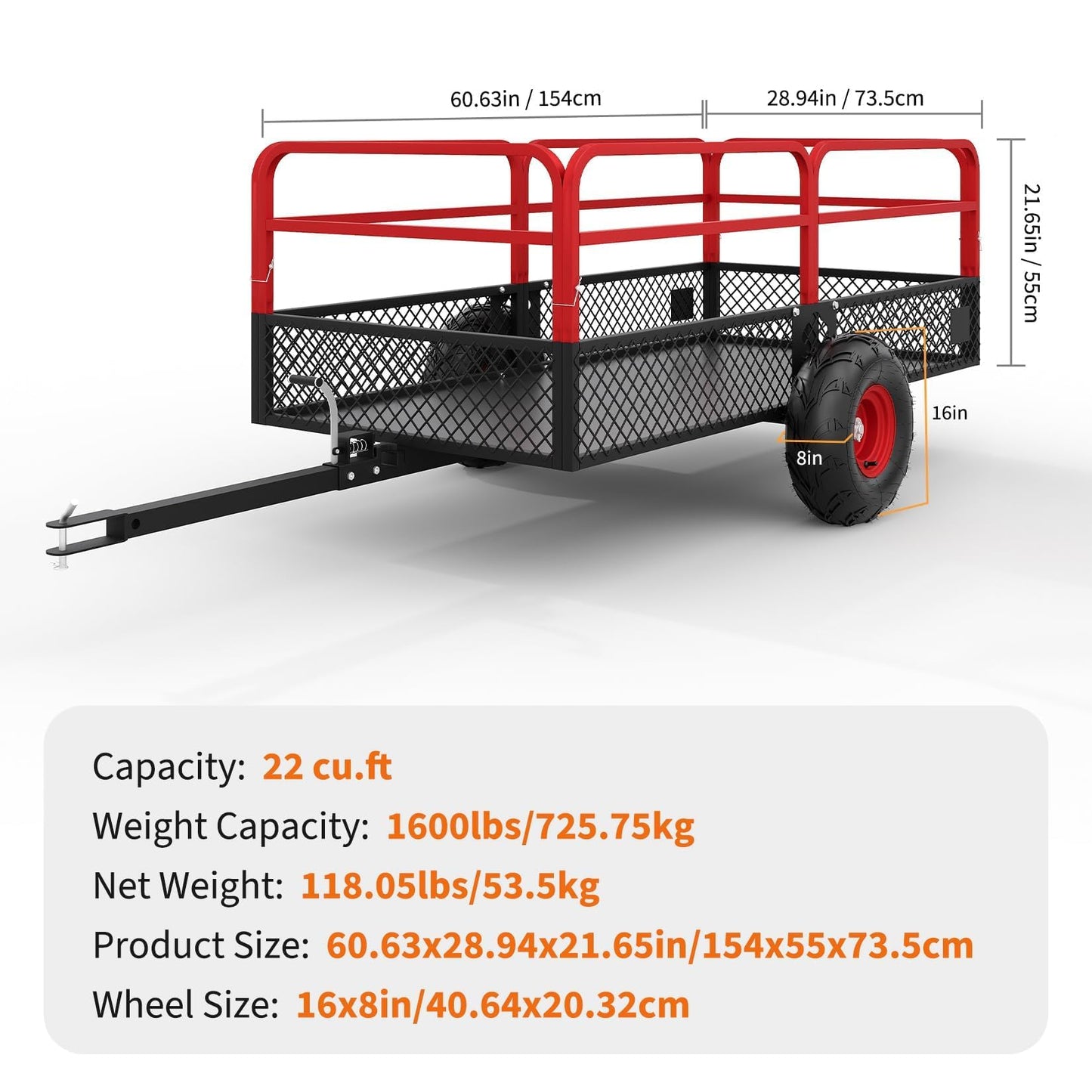 22 Cu.Ft 1600Lbs Steel ATV UTV Trailer, Tow Behind Dump Cart, Heavy Duty Pull Behind with Removable Sides & All Terrain Tires, Pull Behind Utility Dump Trailer for, Garden, Lawn Mower Tractor