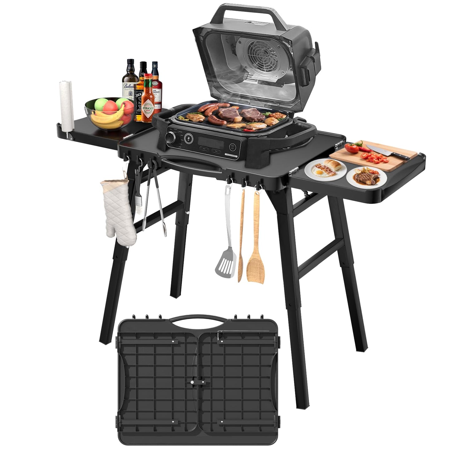 GRISUN Universal Folding Grill Cart | Portable Stand for Ninja Woodfire OG700/OG800/OG900, Blackstone, Ooni | 3-Height Adjustable