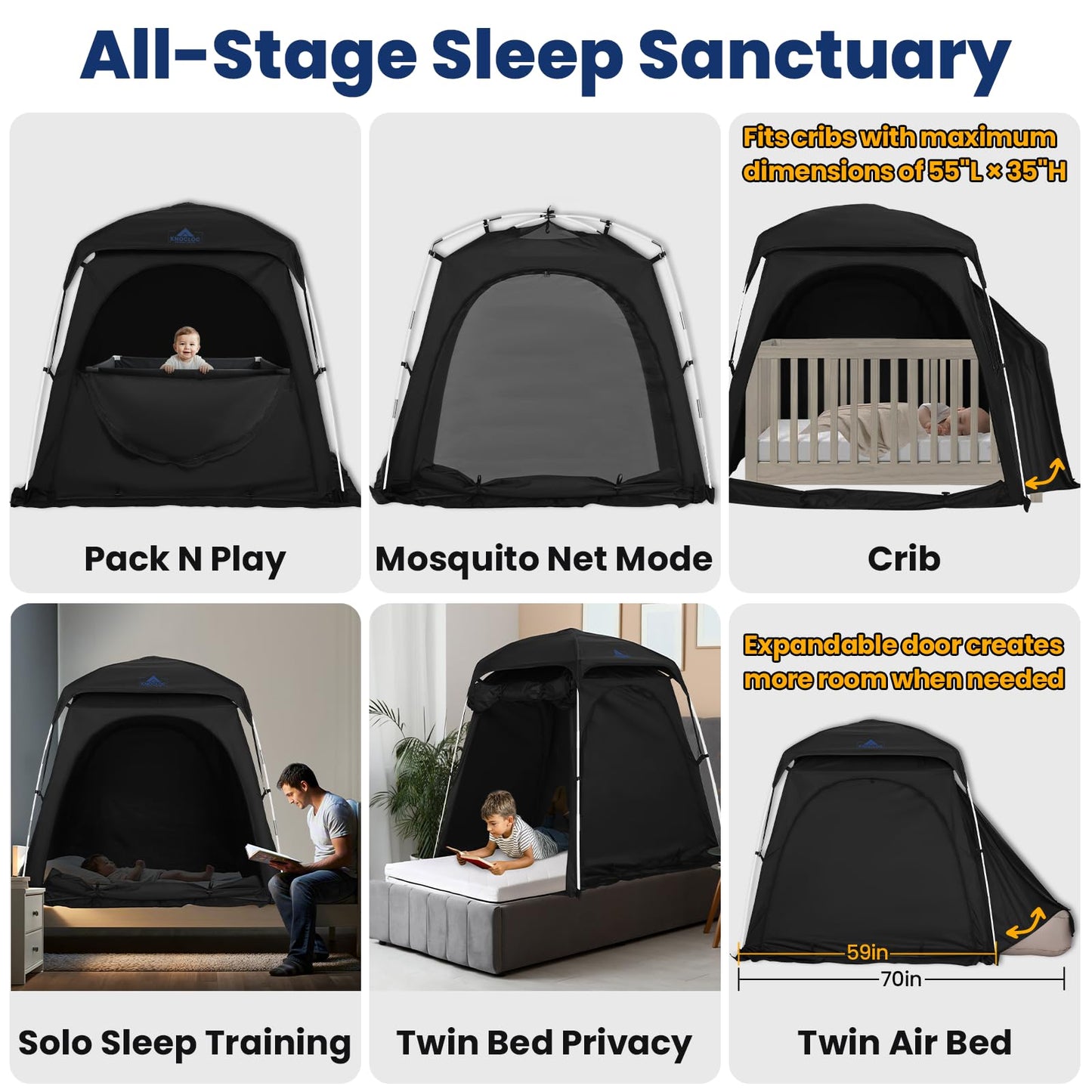 KNOCLOC Blackout Tent for Crib, Pack N Play, Toddler Travel Bed & Kids Cot, CPC Certified Baby Sleep Pod with Fan Pocket, 2 Mesh Doors, Breathable & Quiet Design, Easy Setup & Portable