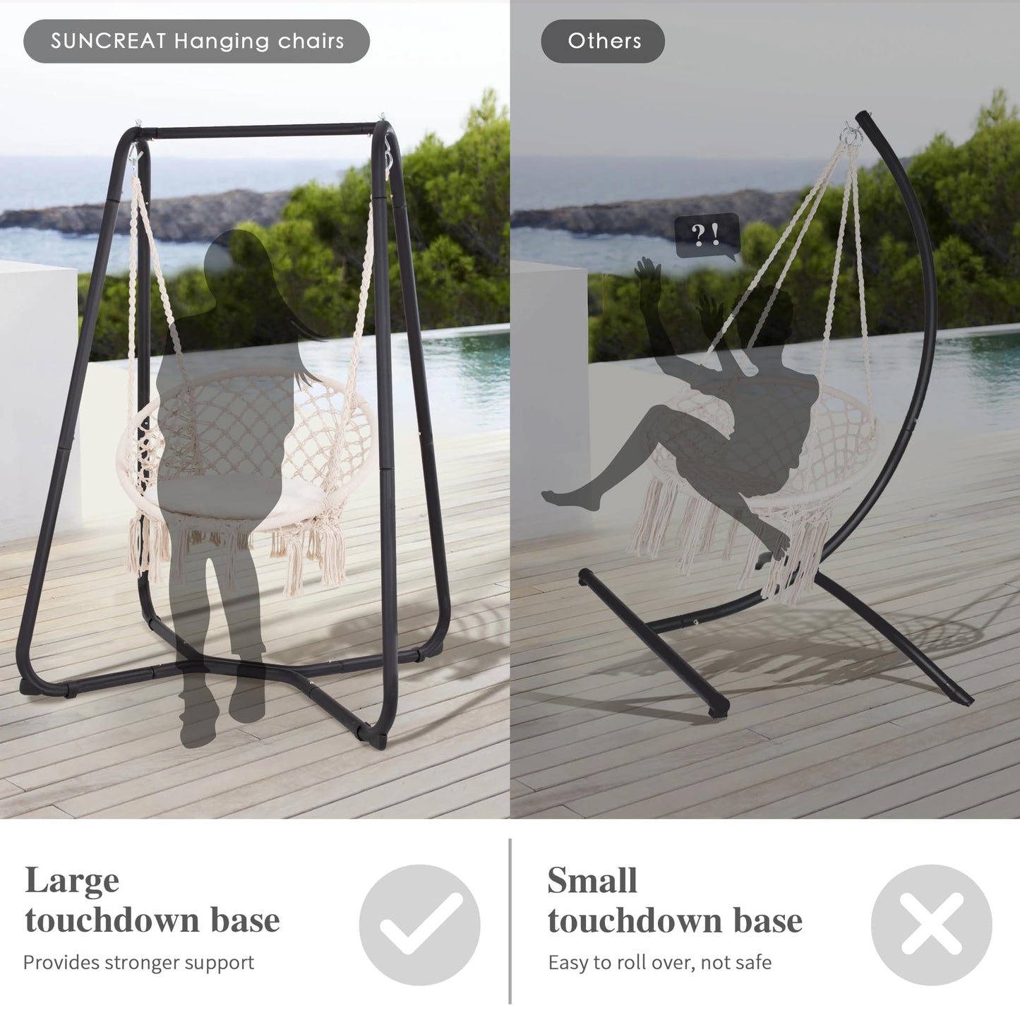 SUNCREAT Patio Swing Chair with Stand and Cushion, Heavy Duty Hanging Chair with Stand for Bedroom, 330 lbs Capacity, Patent Pending, Beige