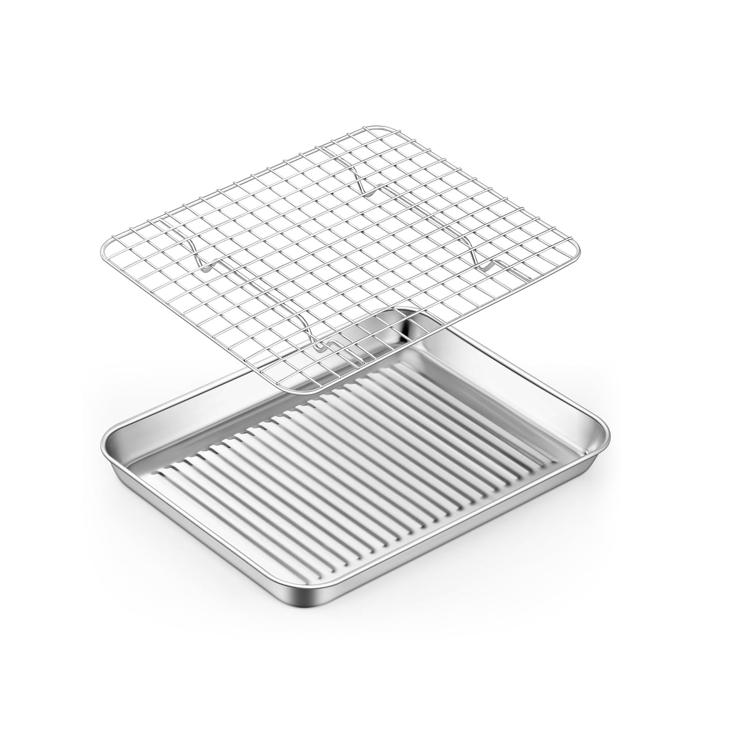 TeamFar Toaster Oven Pan with Cooling Rack, Stainless Steel Mini Baking Tray for Compact Toaster Oven, 9 Inch, Corrugated Bottom & Grid Mesh, Healthy & Heavy-Duty, 1 Pan + 1 Rack