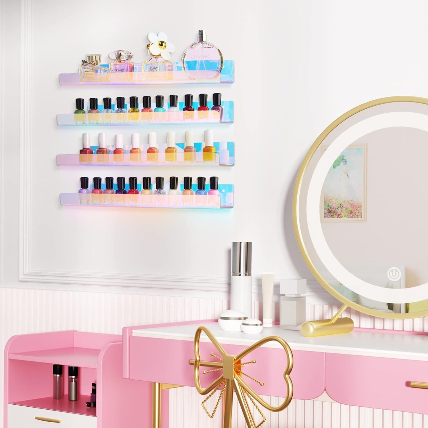 Upsimples Acrylic Wall Shelves - 15" Display Shelf for Perfume, Skincare & Nail Polish | Iridescent 4-Pack