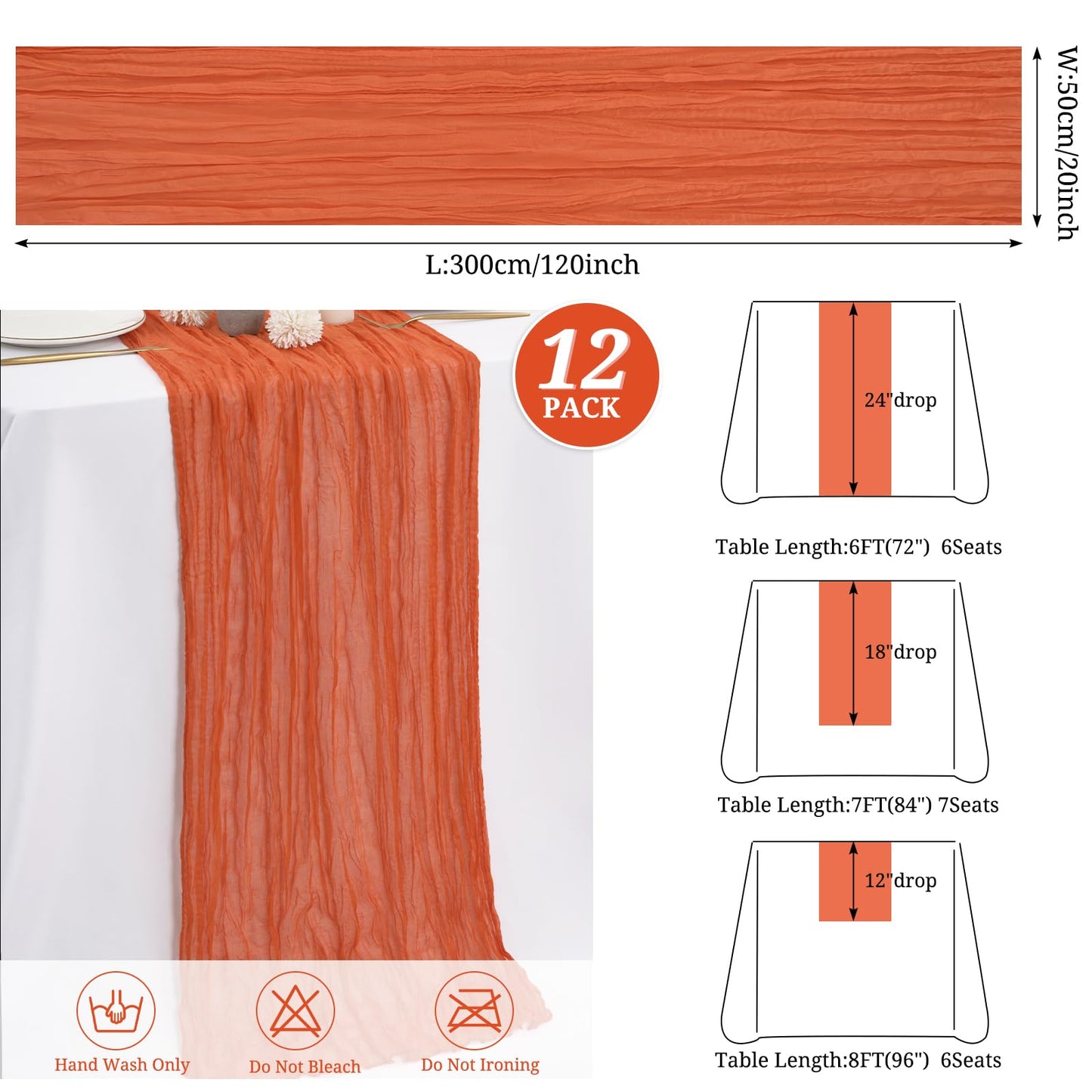 12 Pack Orange Cheesecloth Table Runner,10FT Gauze Boho Long Easter Cheesecloth Table Runners 20x120inch Rustic Cheese Cloth Table Runner for Wedding Party Bridal Shower Table Fall Decorations