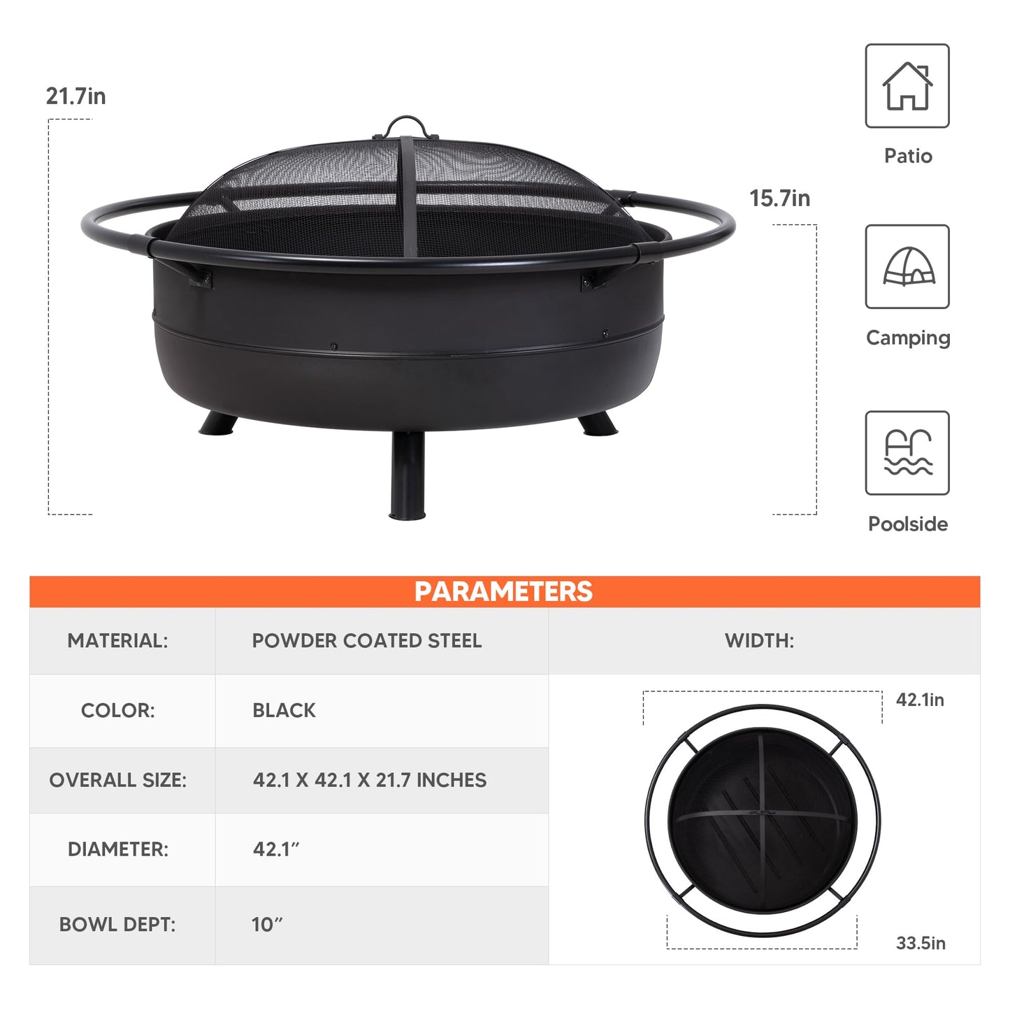 SUNCREAT 42" Outdoor Portable Fire Pit with Spark Screen, Fire Poker, Wood Burning Patio Fire Pits with Protective Ring, Black