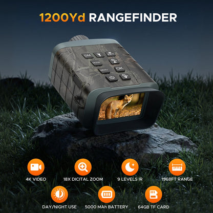 Night Vision Binoculars with 1200Yd Laser Rangefinder, 4K Video & 48MP Photo, 18X Digital Zoom Infrared Night Vision Goggles, 5000mAh Rechargeable for Wildlife Observation, Camping & Night Outdoor Use