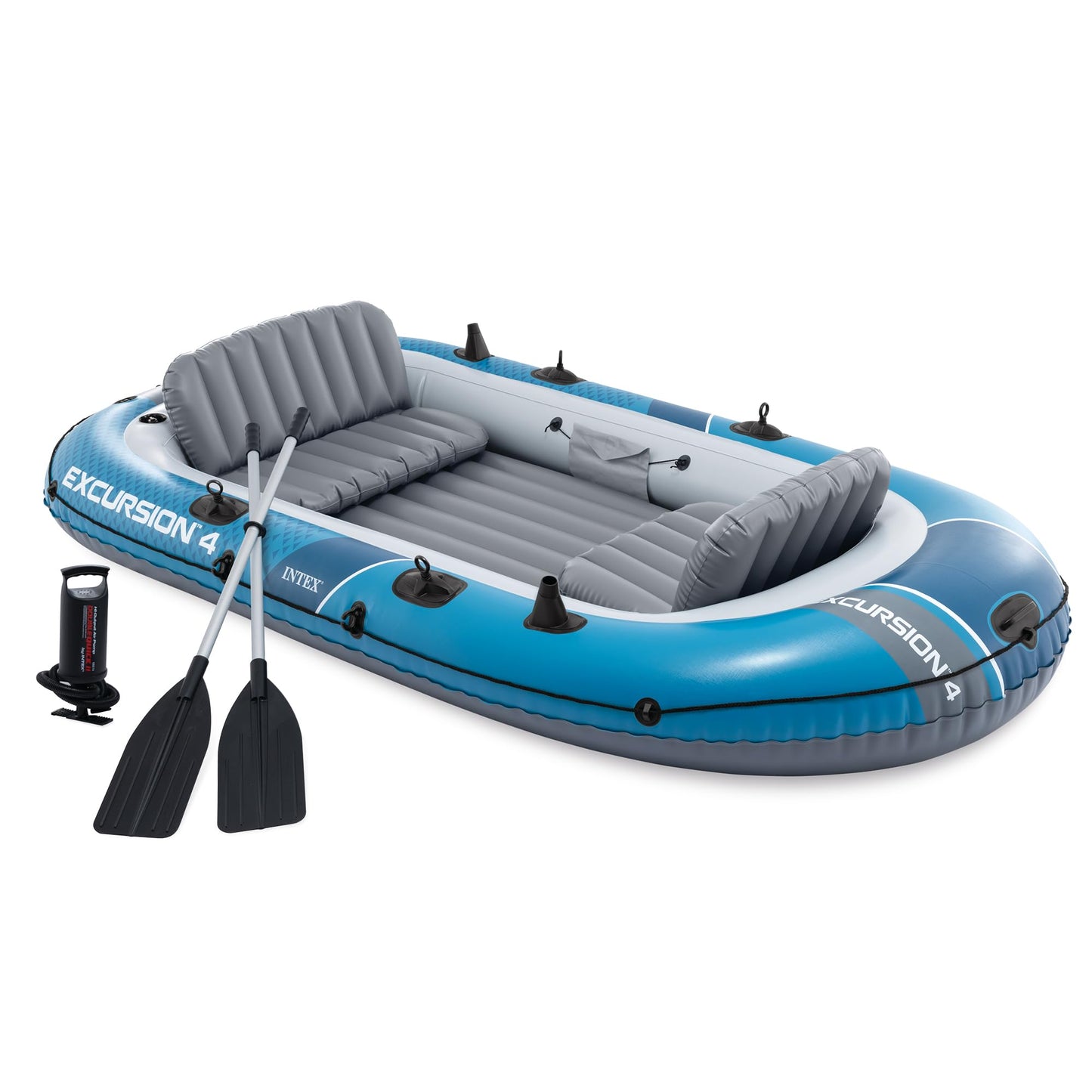 INTEX 66324EP Excursion 4 Inflatable Boat Set: Includes Deluxe 54in Aluminum Oars and High-Output Pump – Adjustable Seats with Backrest – Fishing Rod Holders – 4-Person – 1100lb Weight Capacity