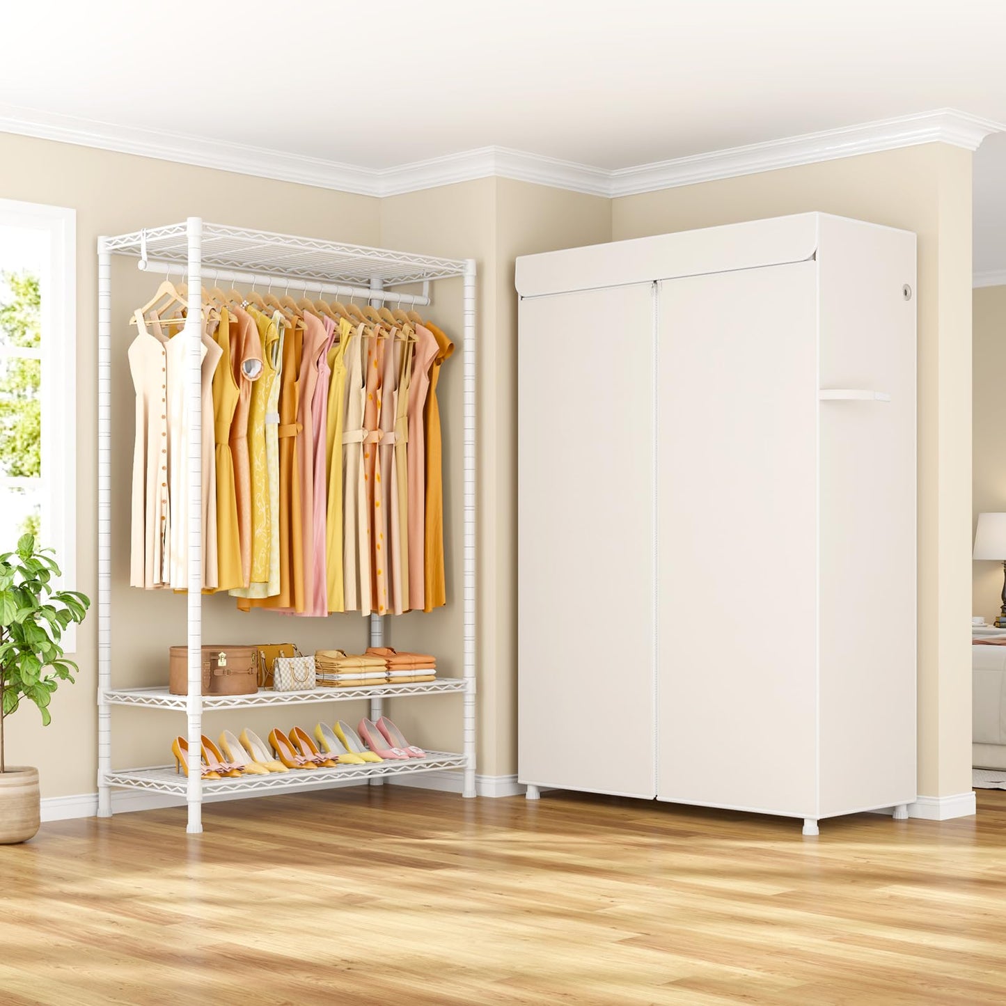 ULIFHOME H5C Plus Clothes Rack with Cover, Portable Closet for Hanging Clothes, Covered Clothing Racks Heavy Duty, Garment Racks with Shelves, Max Load 370LBS, White Closet Rack with White Cover