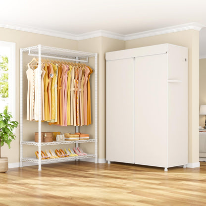 ULIFHOME H5C Plus Clothes Rack with Cover, Portable Closet for Hanging Clothes, Covered Clothing Racks Heavy Duty, Garment Racks with Shelves, Max Load 370LBS, White Closet Rack with White Cover