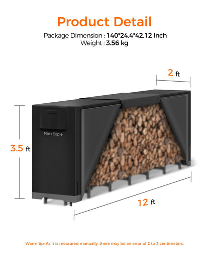 Mars Explo 12ft Firewood Log Rack with Cover Outdoor, Heavy Duty Indoor Outdoor Firewood Storage Log Rack with Cover Combo Set Black