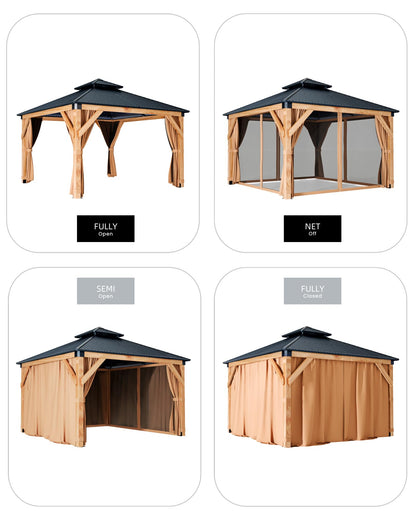 GarveeLife Hardtop Wood Gazebo 10 ft x10 ft for All Weather, with Double Metal Roof, Heavy Duty Wooden Frame, Net, and Curtain, Permanent Building for Patio, Deck, Backyard, Lawn, and Garden, Khaki