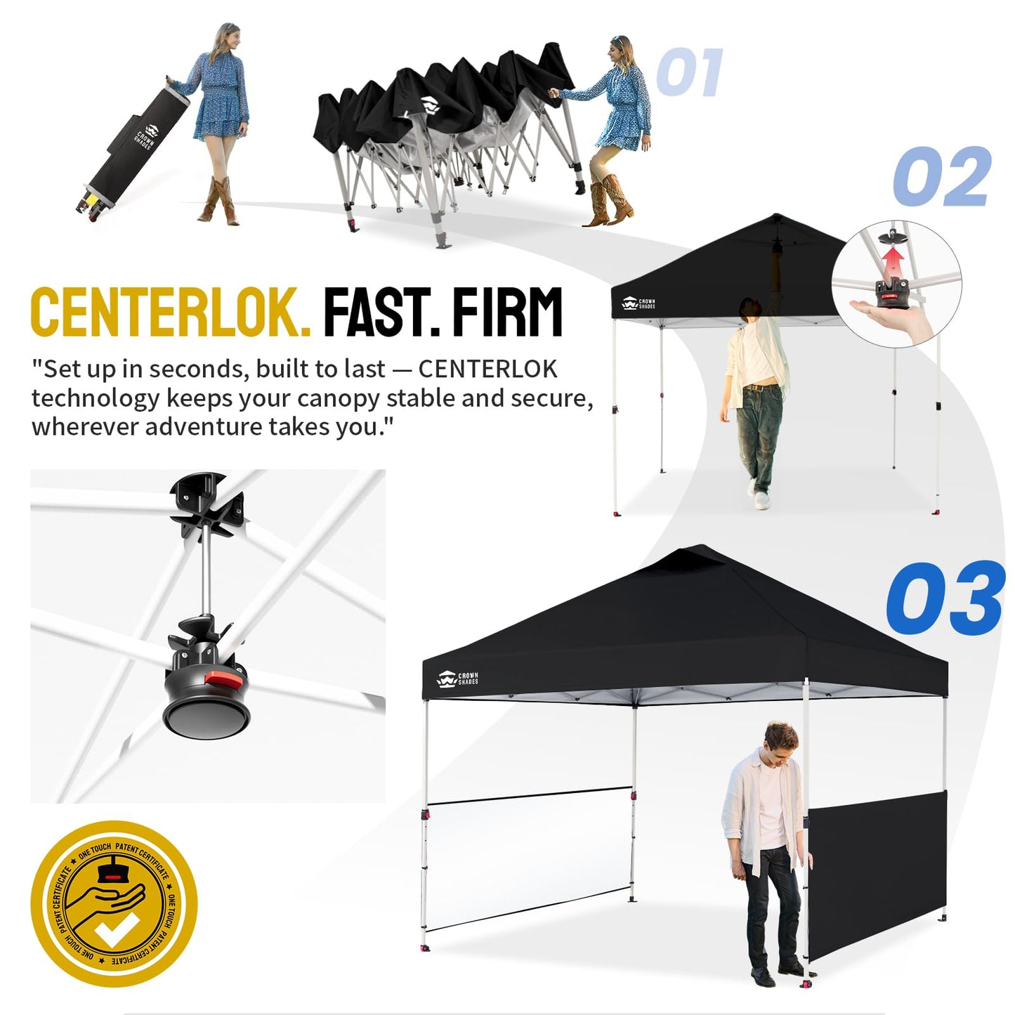 CROWN SHADES 10x10 Pop up Canopy Tent Instant Canopy with 150D Silver Coated Fabric Including 2 Half Sidewalls, 4 Ropes, 8 Stakes, 4 Weight Bags, STO 'N Go Bag, Black