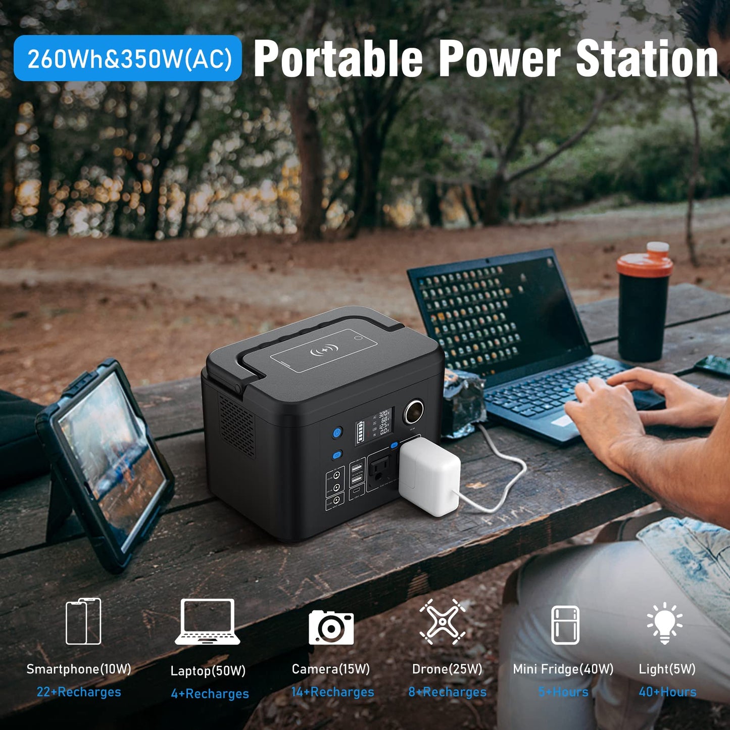 powkey Portable Power Station 350W, 260Wh/70,000mAh Backup Lithium Battery, 110V Pure Sine Wave Power Bank with 2 AC Outlets, Portable Generator for Outdoors Camping Travel Hunting Emergency