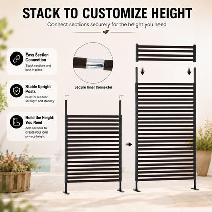 Metal Outdoor Privacy Screen Freestanding, 3 ft W x 6 ft H Rustproof Steel Pipes and Slats Panels, Decoative Privacy Screen Fence Panels Freestanding for Outside Patio Garden Backyard, Brown