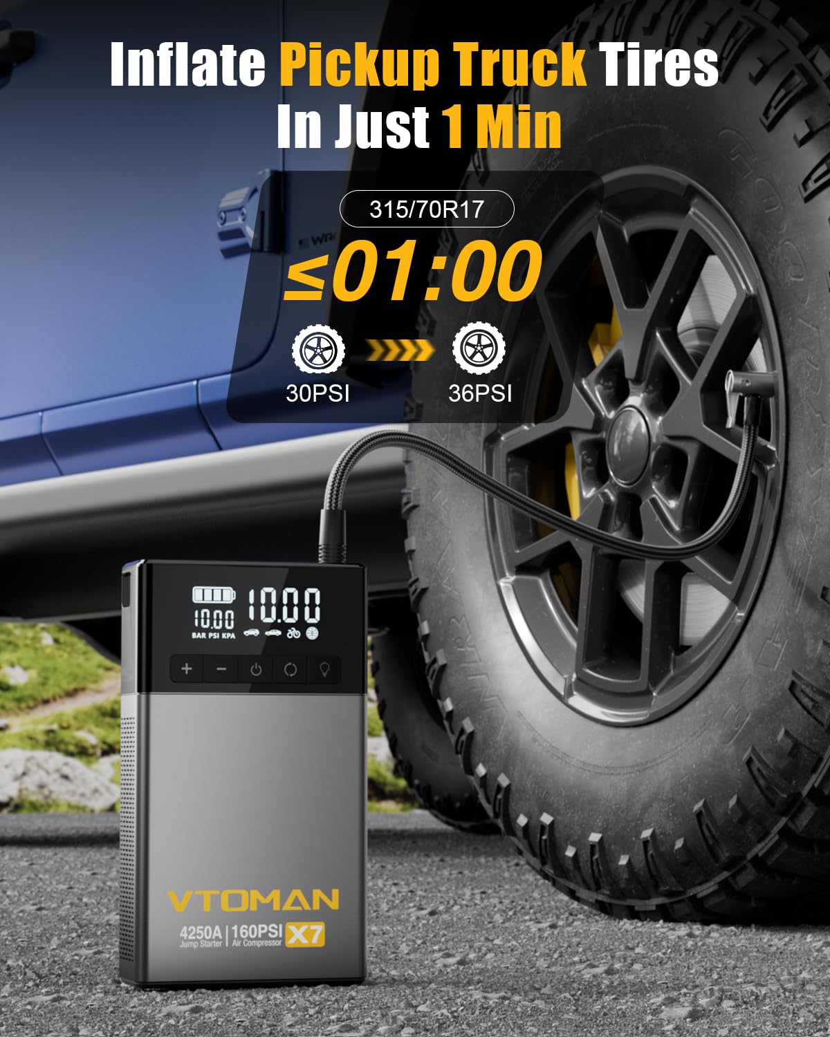 VTOMAN X7 Jump Starter with Air Compressor, 4250A&160PSI Pickup Trucks & Suvs Battery Car Jumper Starter Portable(10L Gas/10L Diesel) with Auto-Shutoff Tire Inflator, 12V Lithium Booster Box, QC3.0
