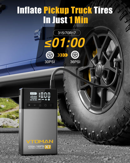 VTOMAN X7 Jump Starter with Air Compressor, 4250A&160PSI Pickup Trucks & Suvs Battery Car Jumper Starter Portable(10L Gas/10L Diesel) with Auto-Shutoff Tire Inflator, 12V Lithium Booster Box, QC3.0