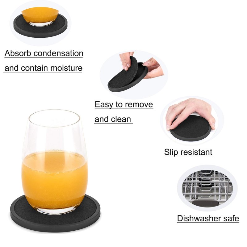 Absorbent Coasters for Drinks with Holder - 6packs, Silicone Coaster with Soft Felt Insert, Black (Coasters with Holder, Black)