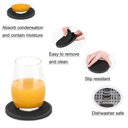Absorbent Coasters for Drinks with Holder - 6packs, Silicone Coaster with Soft Felt Insert, Black (Coasters with Holder, Black)