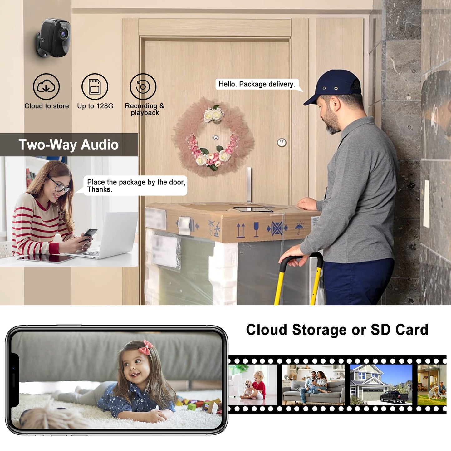 Magnetic Security Cameras Wireless Outdoor - Home Battery Powered WiFi Camera 2K Video/Color Night Vision/AI Motion Detection Siren Alarm and Spotlight 2-Way Audio Waterproof SD/Cloud (Black(2pcs))