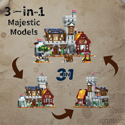 3 in 1 Medieval Cabin Knight Castle Town Square Center Building Set 3 Storytelling Viking Village Sets for Adult House Collection Toy Creative Present for Enthusiasts 1760PCS