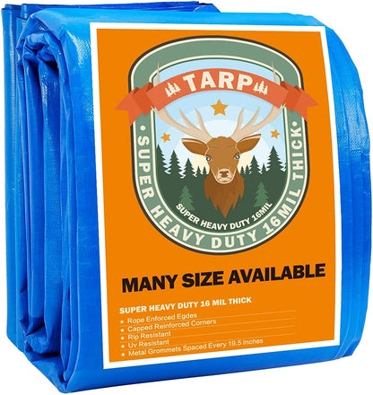 Large Tarp, Tarps Heavy Duty Waterproof 30x30, Waterproof Plastic Poly 16 Mil Thick Tarpaulin with Metal Grommets Every 19.5 Inches - Emergency Rain Shelter, Outdoor Cover, and Camping Use