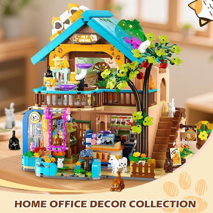 City Pet Shop Building Set with Lights Cozy Pet Store Construction Toy with Cats Dogs Cute Animal Store Miniature House Model Building Block Kit for Adults Kids Boys Girls Ages 8-12+