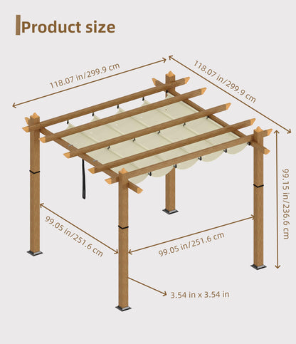 10' X 10' Aluminum Pergola Faux Wood Outdoor Pergola with Retractable Canopy Metal Pergolas Shelter for Backyard, Deck, Patio, Garden Porch Beach Sun Shade Pavilion Grape Trellis Grill, Beige