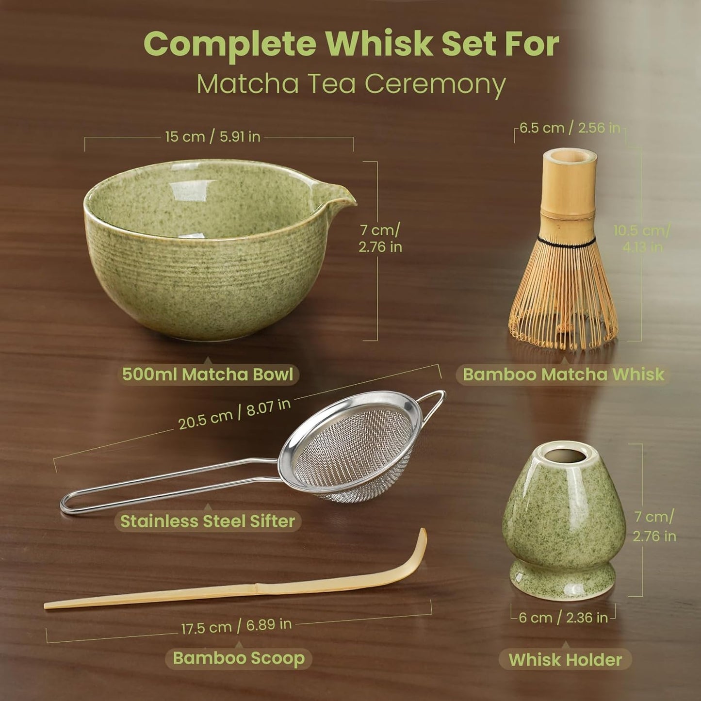 Skiennix Matcha Whisk Set - Complete 5-Piece Kit with Ceramic Bowl, Bamboo Chasen & Sifter for Matcha Lovers