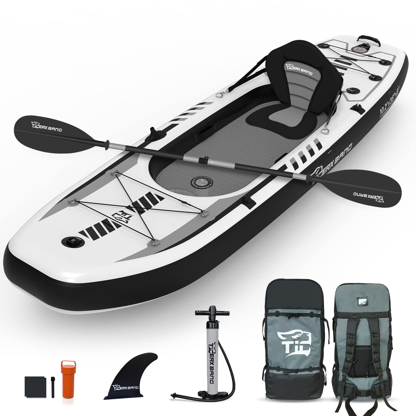 TIGERXBANG 10.2'x35''x8'' Inflatable Kayak with Detachable Seat, SUP-Kayak Set Includes Hand Pump/Aluminum Oar/Backpack, Boat for Adults/Youth | for Fishing, Touring