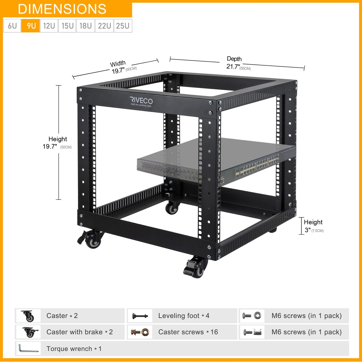 RIVECO 9U Open Frame Server Rack with Casters- Heavy Duty 4 Post Quick Assembly 19-inch, Stereo Rack Network Cabinet Black