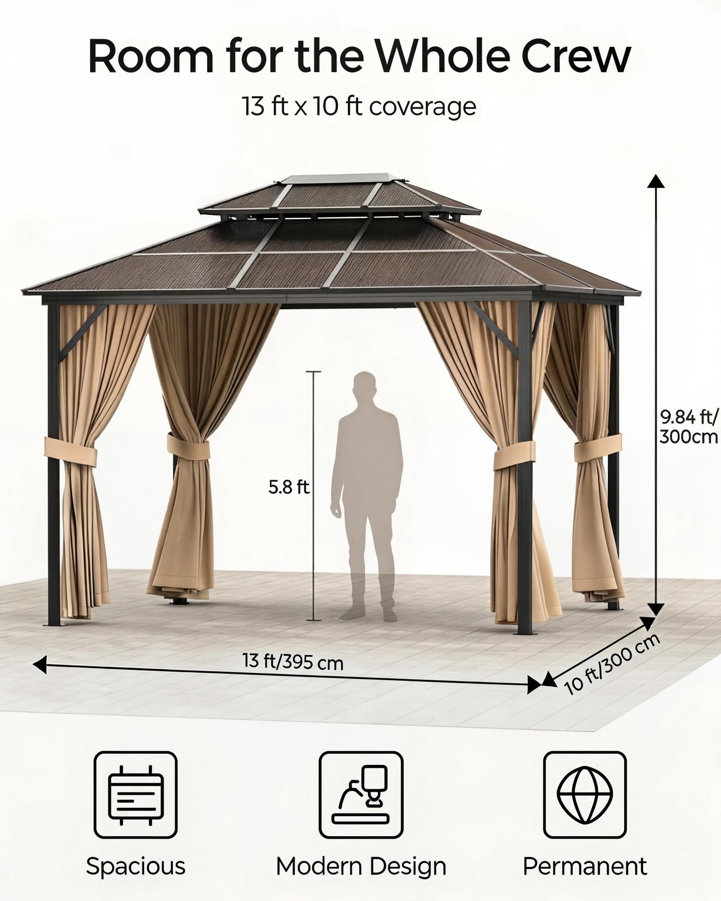 10' x 13' Hardtop Gazebo with Polycarbonate Double Roof, Aluminum Frame Permanent Pavilion with Curtains and Netting, Outdoor Gazebo for Patio Backyard (Khaki)