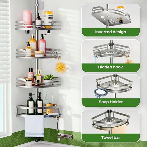 HAMITOR Shower Caddy - 4-Tier Rustproof Bathroom Corner Shelf | Adjustable 47-121 Inches Bathtub Organizer with Soap Holder