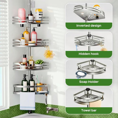 HAMITOR Shower Caddy - 4-Tier Rustproof Bathroom Corner Shelf | Adjustable 47-121 Inches Bathtub Organizer with Soap Holder