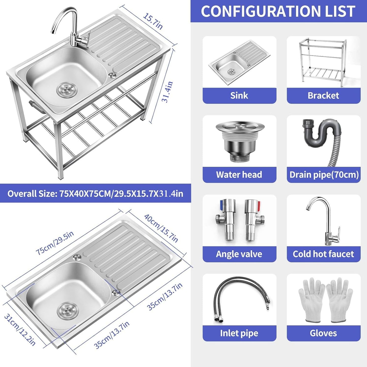 Outdoor Utility Sink,Free Standing Stainless Steel Laundry Tub, Single Bowl Portable Washing Hand Basin Station,fish Cleaning Table&Storage Shelves for Garage, Restaurant, Kitchen,Camping, Backyard