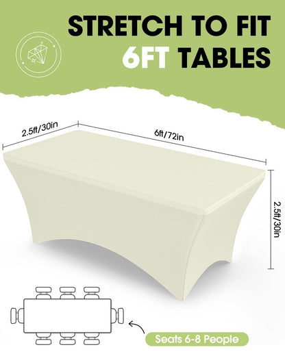 Pureegg Spandex Tablecloth 6ft - 2 Pack, Fitted and Tight Cloth for Rectangle Table, Wrinkle-Free and Stretch Table Cover for Party, Wedding, Banquet and Birthday, Ice Cream, Ivory