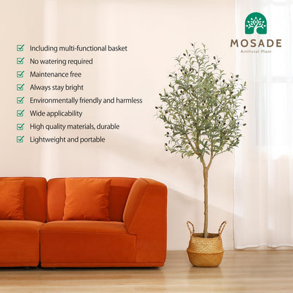 Artificial Olive Tree 6FT – Tall Faux Tree with Realistic Silk Leaves, Handmade Seagrass Basket, Low-Maintenance Large Fake Plants for Modern Office, Floor & Home Decor, Living Room, Indoor Plants