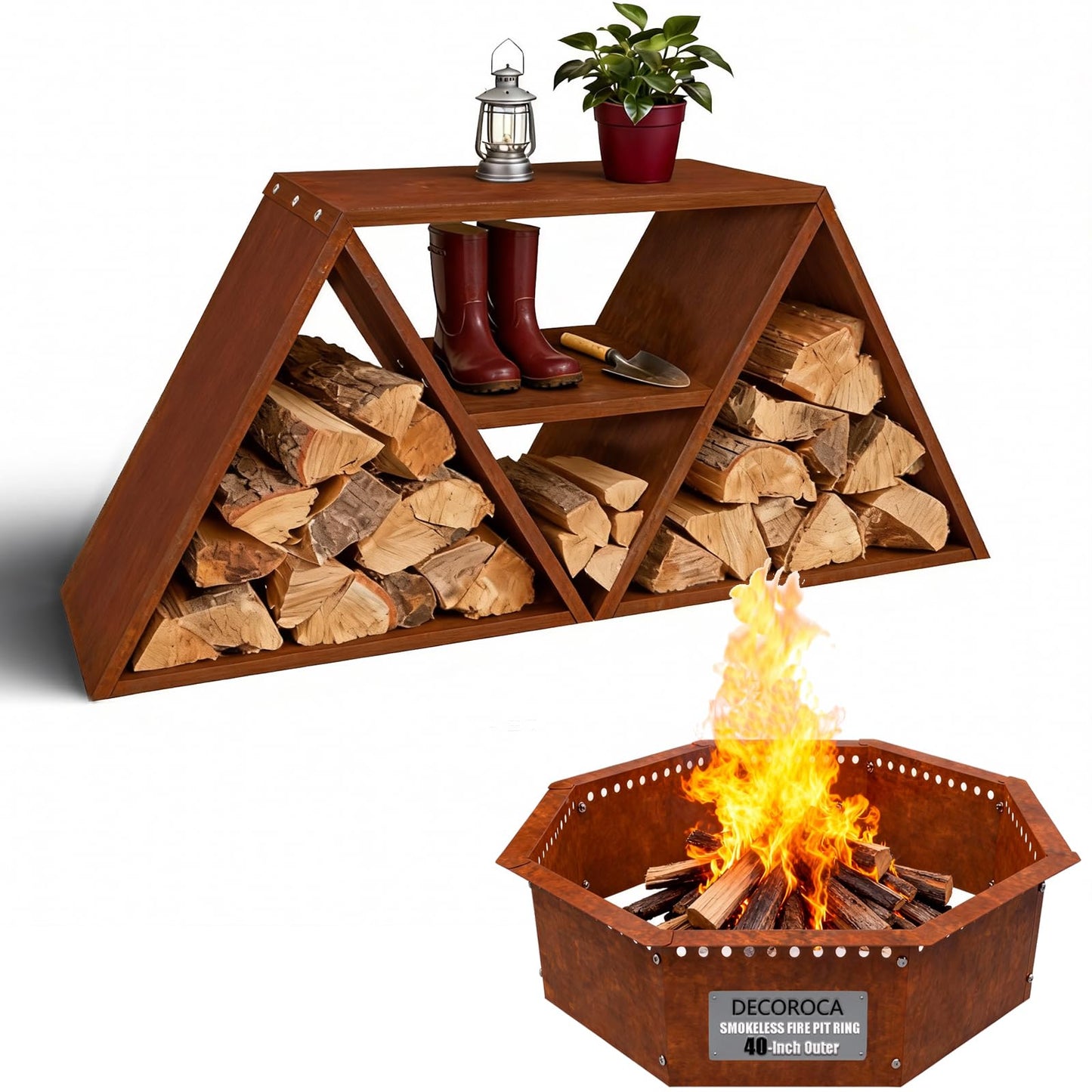 Decoroca Large Firewood Storage Rack Heavy Duty Smokeless Fire Ring – 40"