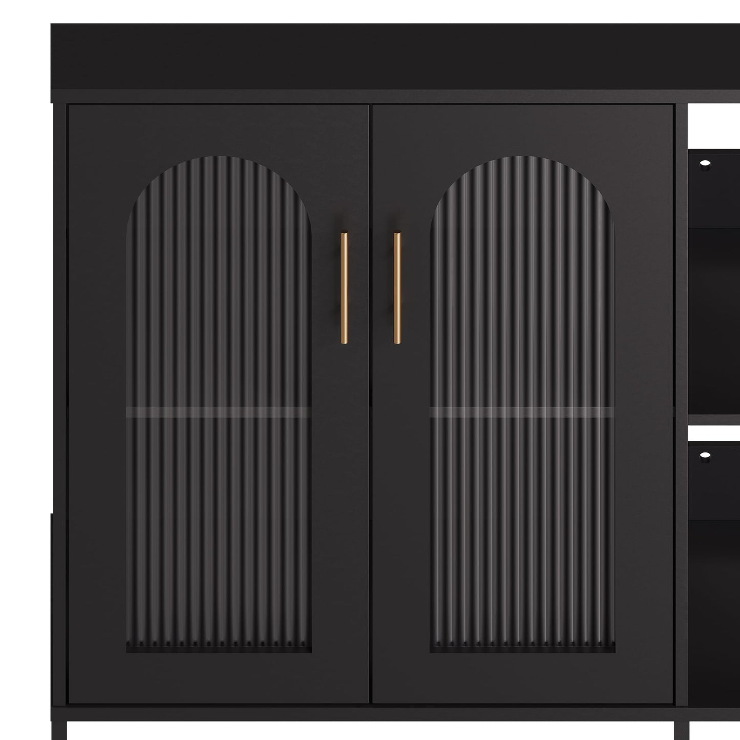 GarveeHome Glass Door Sideboard Cabinet, Modern Storage Buffet with Metal Handles and Adjustable Shelves, Solid Wood Frame Display Cabinet for Living Room, Dining Room, Kitchen, Entryway, Black